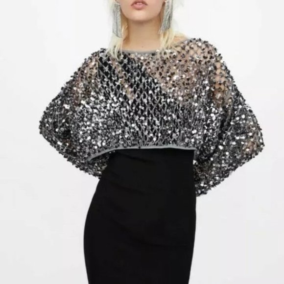 Zara Limited Edition Gray Sequined Mesh Cropped Top, NWT, S - Picture 10 of 16